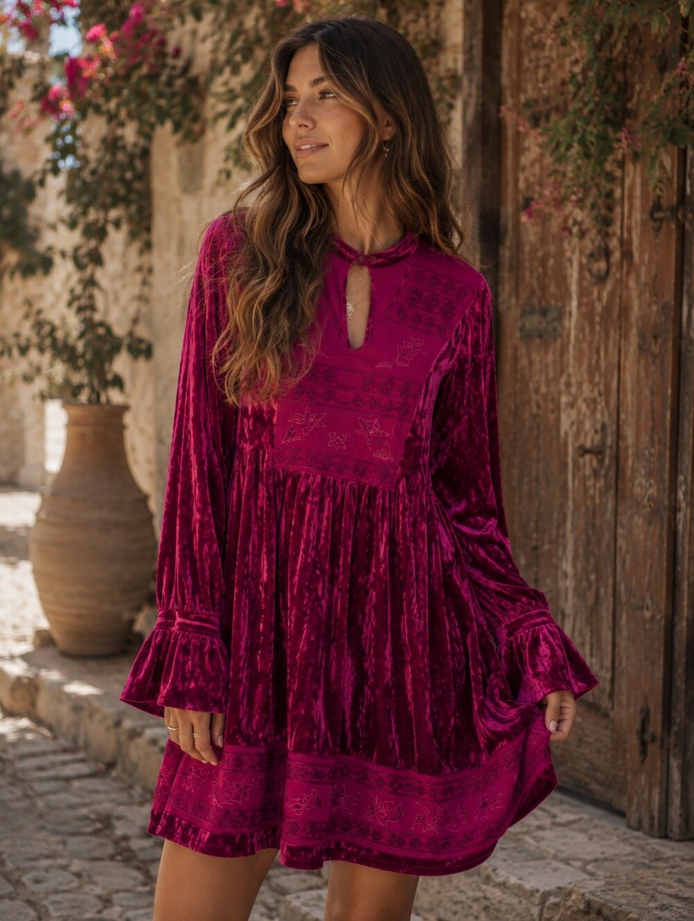 Anna Rita N Velvet Red Bohemian 70s Style Smock Stevie Beaded Embroidered Dress